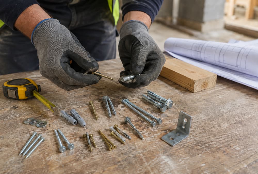 Tradesperson comparing different construction screws, bolts and wall plugs